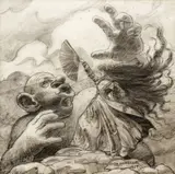Tim Hildebrandt, Giant Blowing on Princess, 1989, pencil drawing