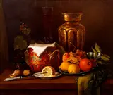 Table Top Still Life with Fruit, Brass Vase, and Walnuts by Kudrin or Coodrin, oil on canvas, offered Dec 2020