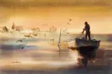Jess Hager, Fisherman Pulling in The Nets, 1981, watercolor