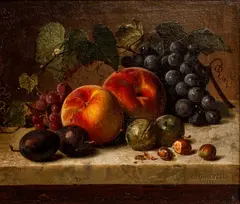 Still Life Fruit and Nuts on a by George Hetzel, Marble Shelf, 1868, oil on canvas, offered Dec 2020