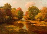 Summer Landscape with Foot Bridge by Eugene Alonzo Poole, 1911, oil on canvas, offered Dec 2020
