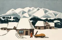 Umetarō Azechi, Snowscape with Figure, 1951, color woodblock, 10.25 x 16 inches, pencil