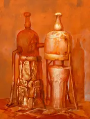 Samuel Bak, Yellow Bottle and Friends, watercolor, chalk, and pastels on tinted paper