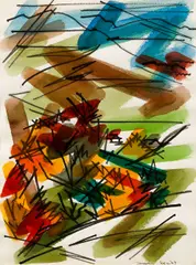Untitled Landscape, 1947 and 1958 (likely, the landscape was painted in 1947 and the color added in 1958) by James Edward Davis, watercolor on paper, offered Dec 2020