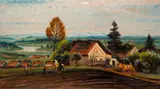 Rural Farmhouse and Farming Family by Oldrich Kerhard, 1940, oil on board, offered Dec 2020