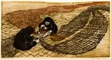 Net Menders, 1963, color by Ruth Keys, woodcut print, offered Dec 2020