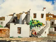 Manos Sofianos, House with Stairs, watercolor
