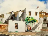 House with Stairs by Manos Sofianos, watercolor, offered Dec 2020
