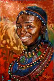 Smiling Girl in Tribal Dress by Phillip Steyn, oil, mixed media, beads, and thick impasto surface, offered Dec 2020