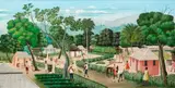 Farmer Returning from the Fields, Villagers pointing by Henry Thezume, 1991, acrylic on canvas, offered Dec 2020