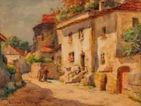 Sun dappled Italian Village by Emma Lampert Cooper, watercolor, offered Oct 2020