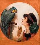 Woman Teaching a Parrott to Talk by Otto Flecken, 1923, oil on canvas, offered Oct 2020