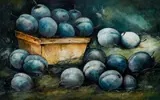 Still Life of Plums in a Basket and Landscape by M. J. Fleming, 1914, watercolor, offered Oct 2020