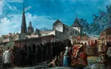 Jacques Gamelin, Arrivee des Penitens noirs de Toulouse a L'Eglise de Notre Dame de Garaison pour Le Reine enciente le 3.7, 1778, gouache on paper with a French mount