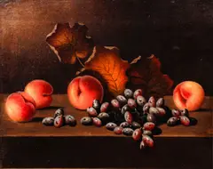 Barton S. Hays, Still Life Grapes, Peaches, and Autumn Leaves, oil on canvas on board