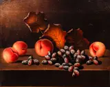 Barton S. Hays, Still Life Grapes, Peaches, and Autumn Leaves, oil on canvas on board