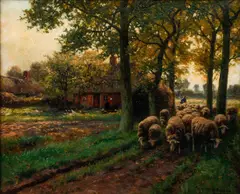 Henri Houben, The Shepherd Leading the Flock past a Cottage, oil on canvas
