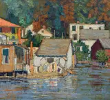 Waterfront by William Arthur Patty, oil on canvas laid down on masonite panel, offered Oct 2020