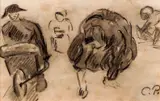 Camille Pissarro, Etude de Moissonneurs, charcoal and ink wash on laid paper attached to a