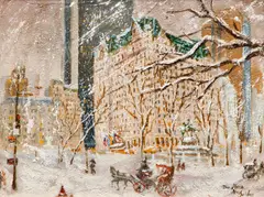 The Plaza Hotel in Winter Snow by Alex Schloss, oil on board, offered Oct 2020