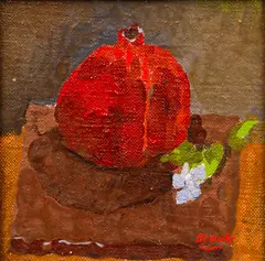 Irving Alexander Block, Pomegranate and African Violet, 1969, oil on canvas board