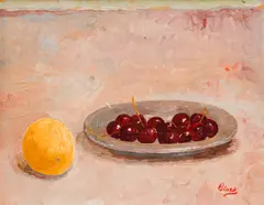 Irving Alexander Block, Lemon and Cherries on a Pewter Plate, 1969, oil on board