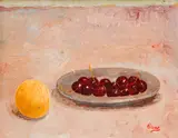 Irving Alexander Block, Lemon and Cherries on a Pewter Plate, 1969, oil on board