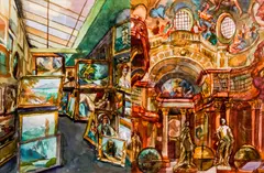 Art Storage and Church Diptych by Henry Koerner, 1987, watercolor, offered Oct 2020