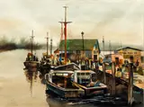 Harbor Scene by William Vrscak, watercolor, offered Oct 2020