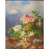 Andreas Lach, Alpine Flowers with Snow Capped Mountain, oil on board, [approximate dimensions -