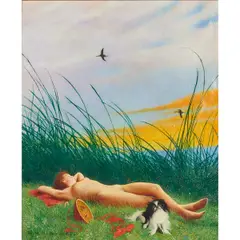 Woman with Dog by Richard Müller, 1952, oil on canvas, [approximate dimensions - canvas: 24 5/8" H x 20 1/4" W], offered Dec 2025