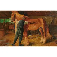 "Bein Pferdeputzen," (Horse Groomer) by Richard Müller, 1932, oil on panel, [approximate dimensions - panel: 11 1/2" H x 18 1/4" W], offered Nov 2025