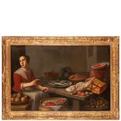 Floris van Schooten, Interno di cucina con figura femminile, oil on canvas