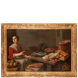 Floris van Schooten, Interno di cucina con figura femminile, oil on canvas
