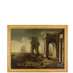 Veduta portuale di fantasia con edifici monumentali, vascelli e figure by Alessandro Salucci, oil on canvas, offered Mar 2024