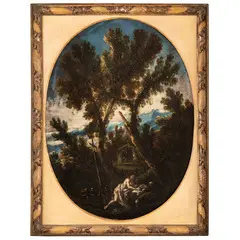Antonio Francesco Peruzzini, Paesaggio con la Maddalena / Paesaggio con monaci, oil on canvas ovale