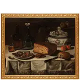 Carlo Magini, Tavola imbandita con piatto di lonza, tarallucci, bottiglie, dolce tagliato, pane e zuppiera, oil on canvas