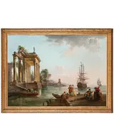 Veduta costiera di fantasia con le rovine di un tempio classico, velieri e figure in primo piano by Jean-Baptiste Lallemand, oil on canvas, offered Mar 2024