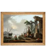 Veduta del golfo di Napoli di fantasia con le rovine di un tempio classico, figure e vascelli by Jean-Baptiste Lallemand, oil on canvas, offered Mar 2024
