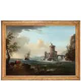 Veduta costiera con castello e veliero in navigazione by Jean-Baptiste Lallemand, oil on canvas, offered Mar 2024