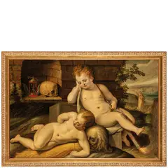 Frans Floris, Vanitas con putti (Allegoria della Morte e della Resurrezione), Monogrammato FF E.TIV sul basamento marmoreo in basso a destra Olio su tavola