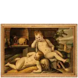 Frans Floris, Vanitas con putti (Allegoria della Morte e della Resurrezione), Monogrammato FF E.TIV sul basamento marmoreo in basso a destra Olio su tavola