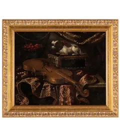 Antonio Tibaldi, Natura morta con tessuti, viola, alzata con frutti e cane, oil on canvas