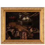 Antonio Tibaldi, Natura morta con tessuti, viola, alzata con frutti e cane, oil on canvas