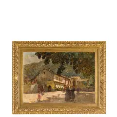 Alessandro Lupo, Torino, 1876 - 1953 / Piazza Salera ad Omegna, mattino radioso / Firmato A Lupo e datato 1936 in basso a destra, oil on cardboard