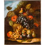 Bernardino Malagoli, Natura morta con frutta e uccellino, oil on canvas