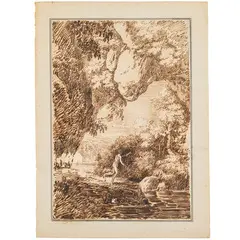 Gaspare Gabrielli, Paesaggi con scene mitologiche / Il foglio raffigurante Ninfa e Satiro è firmato e datato: Gaspare Gabrielli inventò anno 1805, Penna su carta