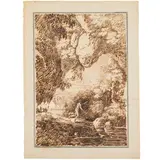 Paesaggi con scene mitologiche / Il foglio raffigurante Ninfa e Satiro è firmato e datato: Gaspare Gabrielli inventò anno 1805 by Gaspare Gabrielli, Penna su carta, offered Mar 2024