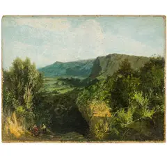 E. Phillips Fox, Melbourne, 1865 - Fitzroy, 1915 / Paesaggio con viandanti / Firmato P Fox in basso a destra, oil on cardboard