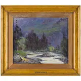 Nicolo' Chianese, Savona, 1898 - Genova, 1971 / Paesaggio fluviale al calar della sera / Firmato N Chianese in basso a sinistra, oil on cardboard